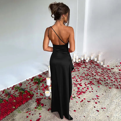 One-Shoulder Backless Satin Slit Dress