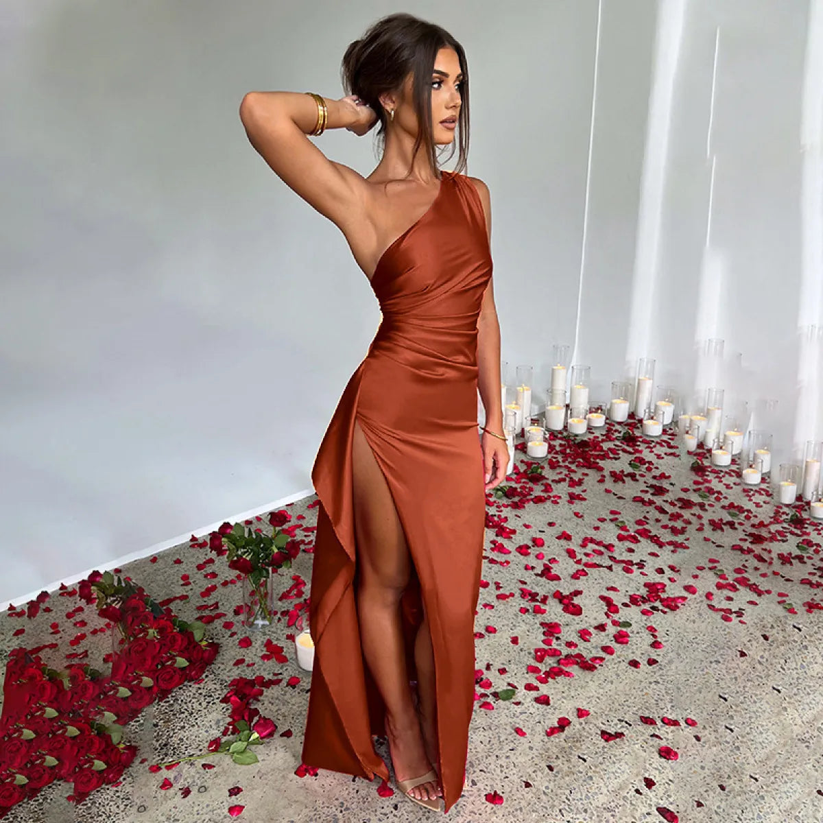 One-Shoulder Backless Satin Slit Dress