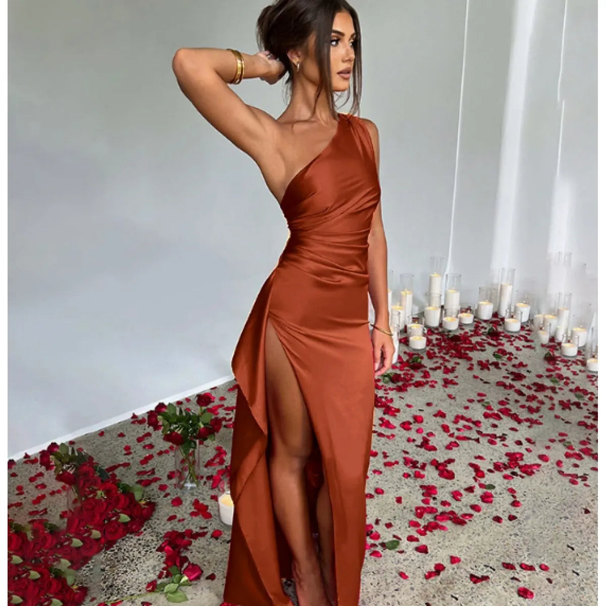 One-Shoulder Backless Satin Slit Dress