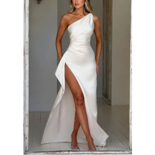 One-Shoulder Backless Satin Slit Dress