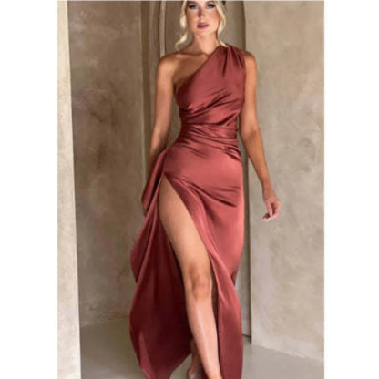 One-Shoulder Backless Satin Slit Dress