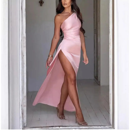 One-Shoulder Backless Satin Slit Dress