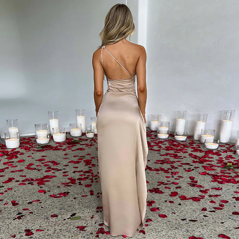 One-Shoulder Backless Satin Slit Dress