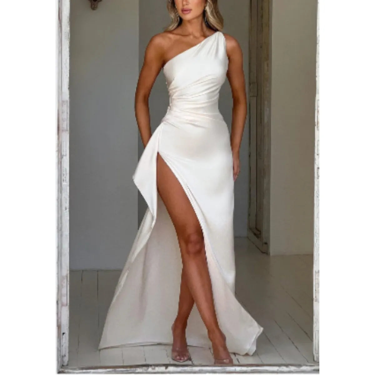 One-Shoulder Backless Satin Slit Dress